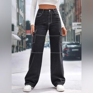 SHEIN Tall High Waist Flap Pocket Whip Stitch Jeans